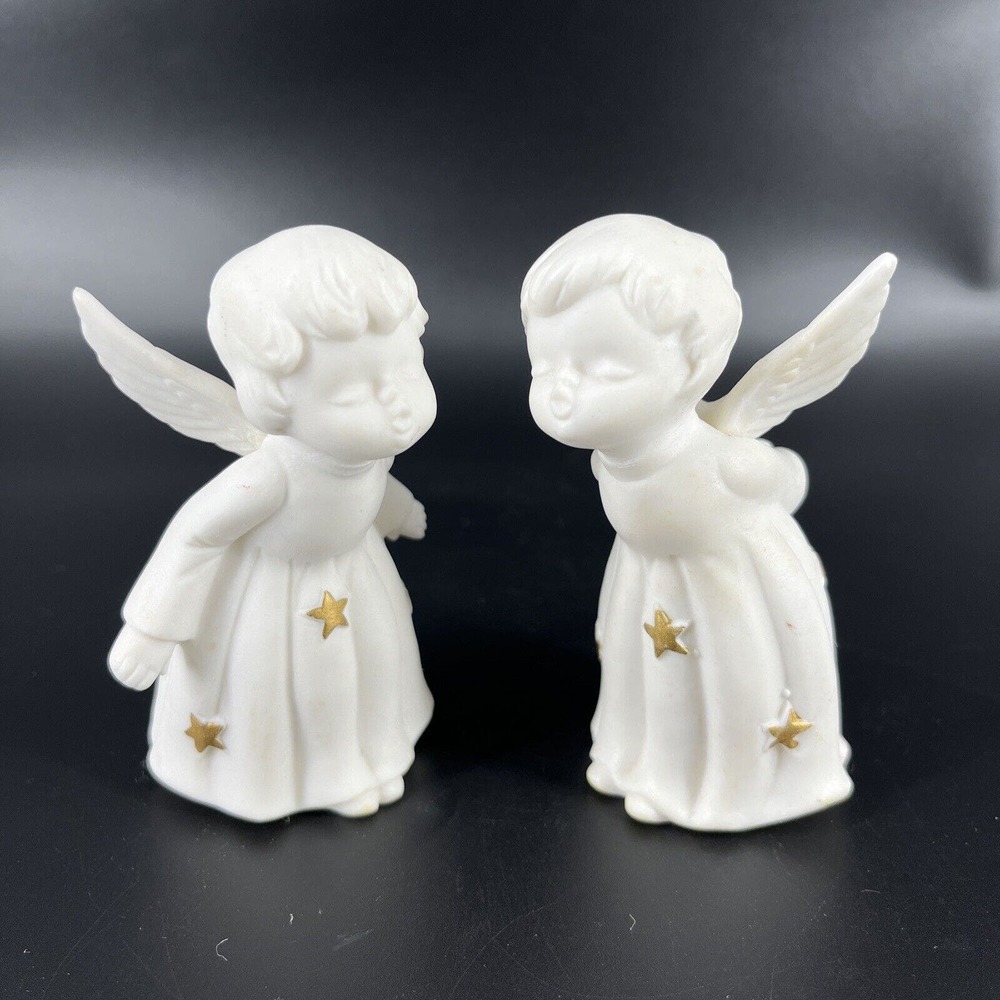 2 Vintage Singing Porcelain Angel Figurines White / Gold Stars Made in Japan